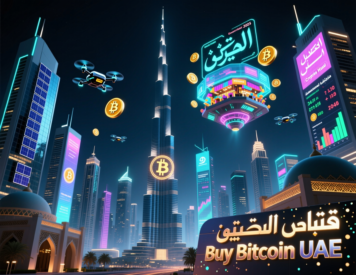 dubai-crypto-hub-buy-bitcoin-uae-skyline-2025.png Dubai crypto hub skyline with Bitcoin icons showing how to buy Bitcoin in the UAE