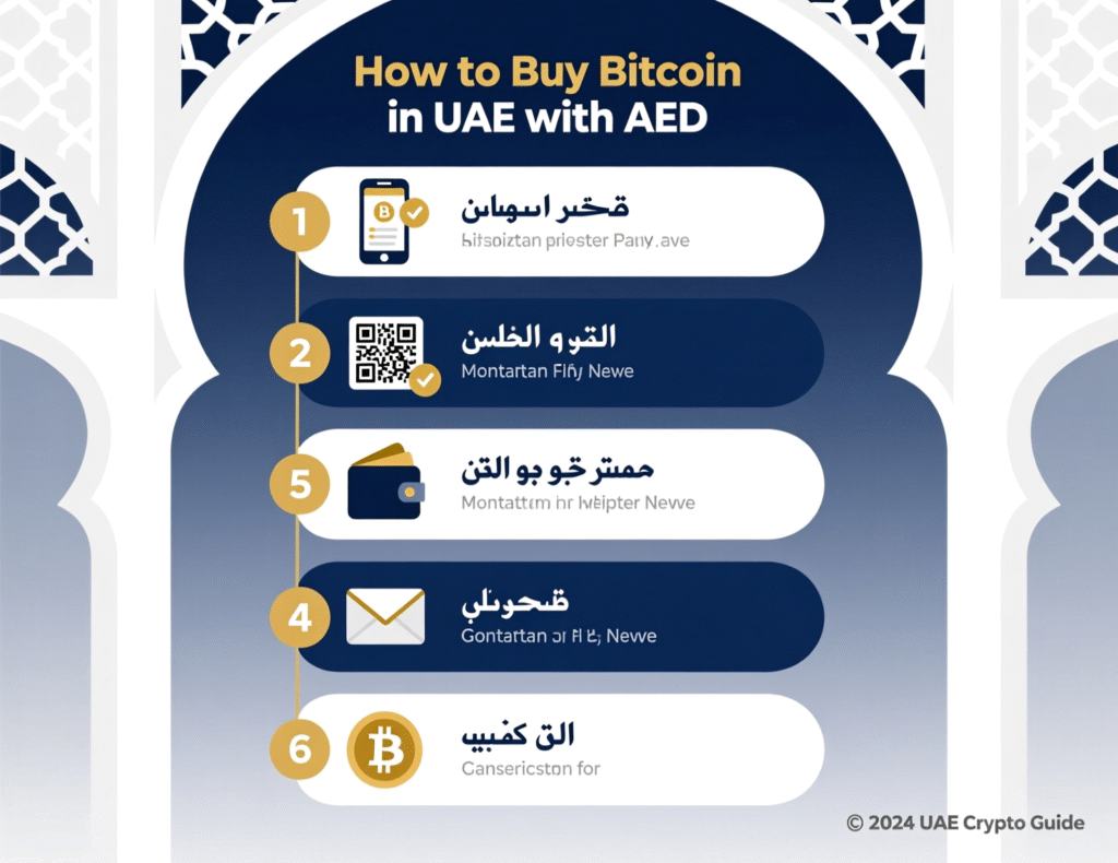 How to Buy Bitcoin in UAE (Step-by-Step 2025 Guide) 3 Step-by-step flowchart showing how to buy Bitcoin in the UAE with an AED bank account