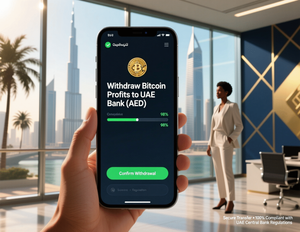 How to Buy Bitcoin in UAE (Step-by-Step 2025 Guide) 5 Investor withdrawing Bitcoin profits to a UAE bank account and converting to AED