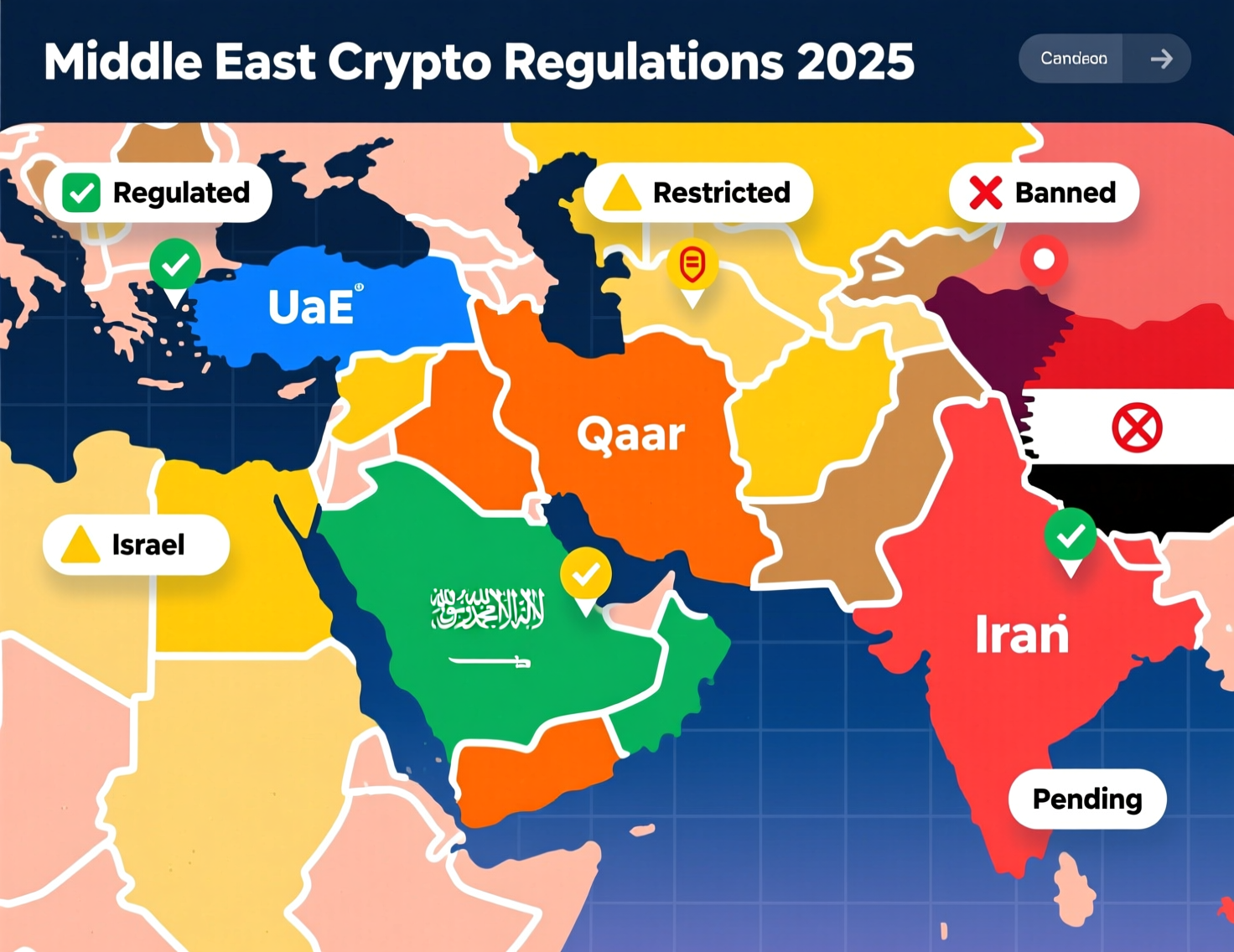 middle-east-crypto-regulations-2025-map.png Map showing Middle East crypto regulations 2025 with key hubs highlighted