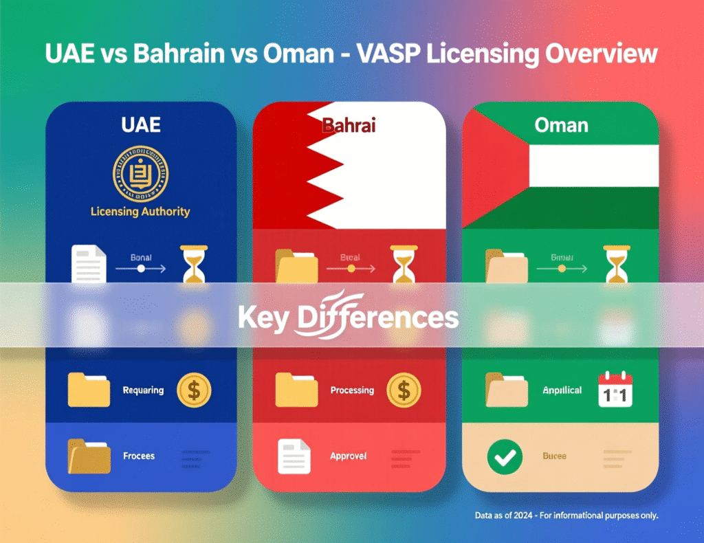 Middle East Crypto Regulations 2025: Investor Guide 2 Comparison chart of UAE, Bahrain and Oman VASP licensing regimes