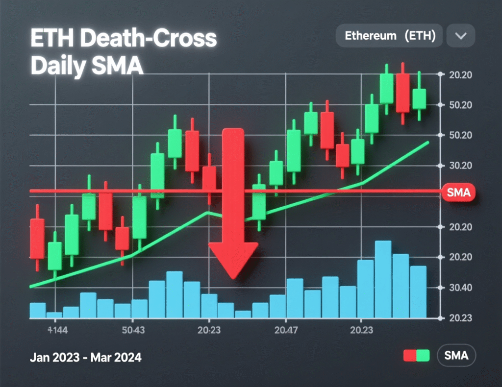 Ethereum daily chart highlighting 50/200-day SMA death cross