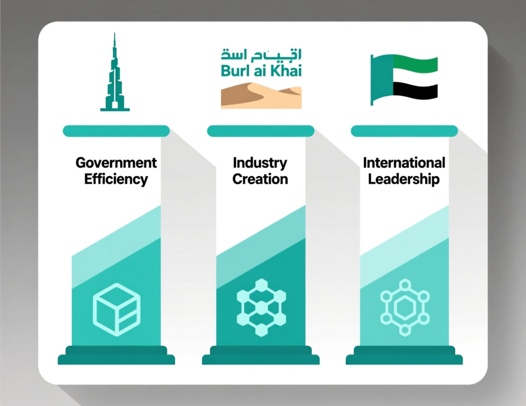 Diagram of Dubai Blockchain Strategy pillars for government, industry and global leadership