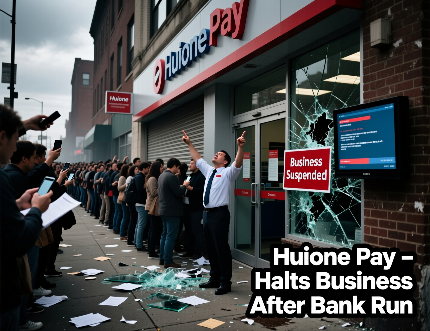 “Huione Pay halts business after bank run” notice outside Phnom Penh branch
