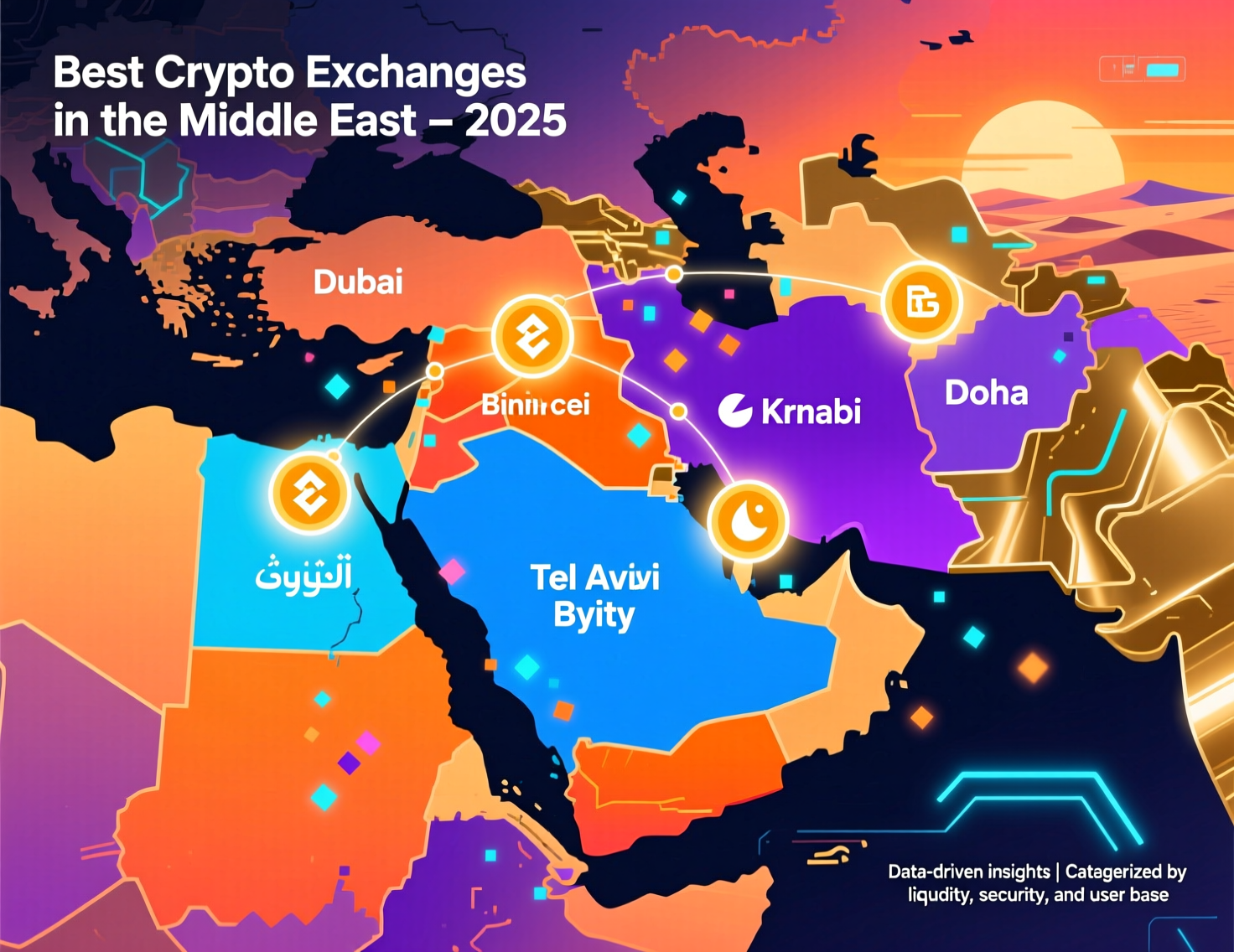 Map of Gulf region highlighting best crypto exchange Middle East hubs (UAE, Bahrain, Saudi, Qatar, Kuwait).