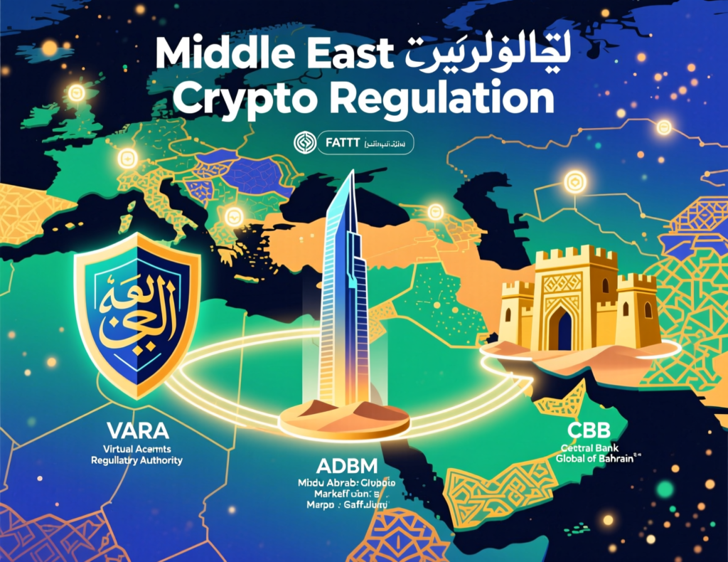Diagram comparing VARA, ADGM and Central Bank of Bahrain with FATF and Western regulators for Middle East crypto regulation.