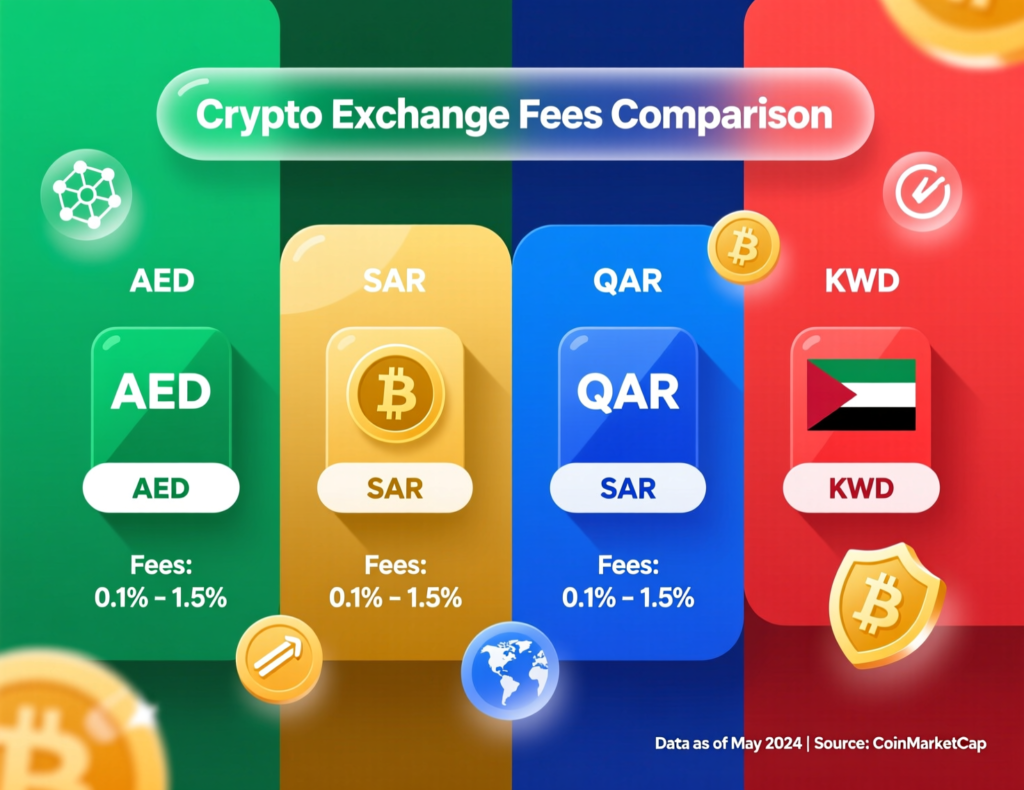 Table-style graphic showing fees and funding routes in AED, SAR, QAR, KWD and USD/EUR/GBP on Middle East crypto exchanges.
