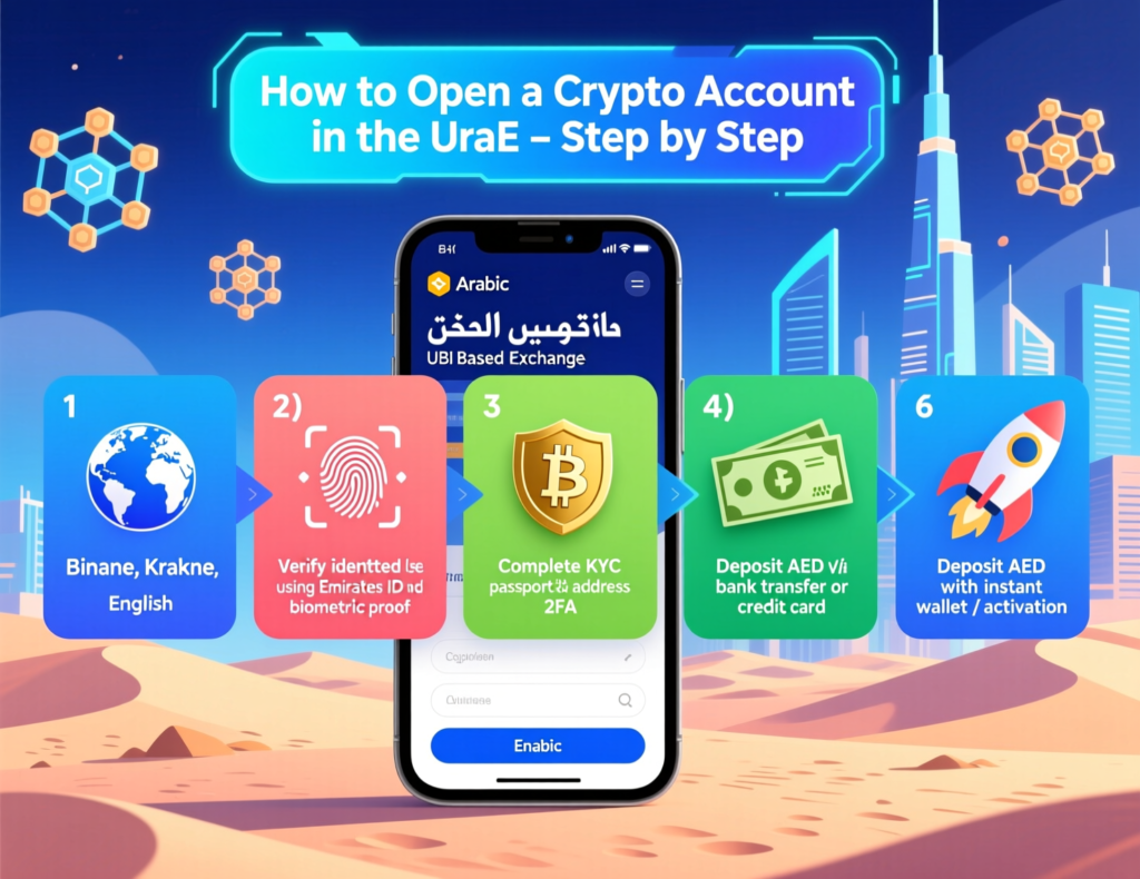 Step-by-step flowchart showing how to open a crypto account in the UAE as a Middle East trader.