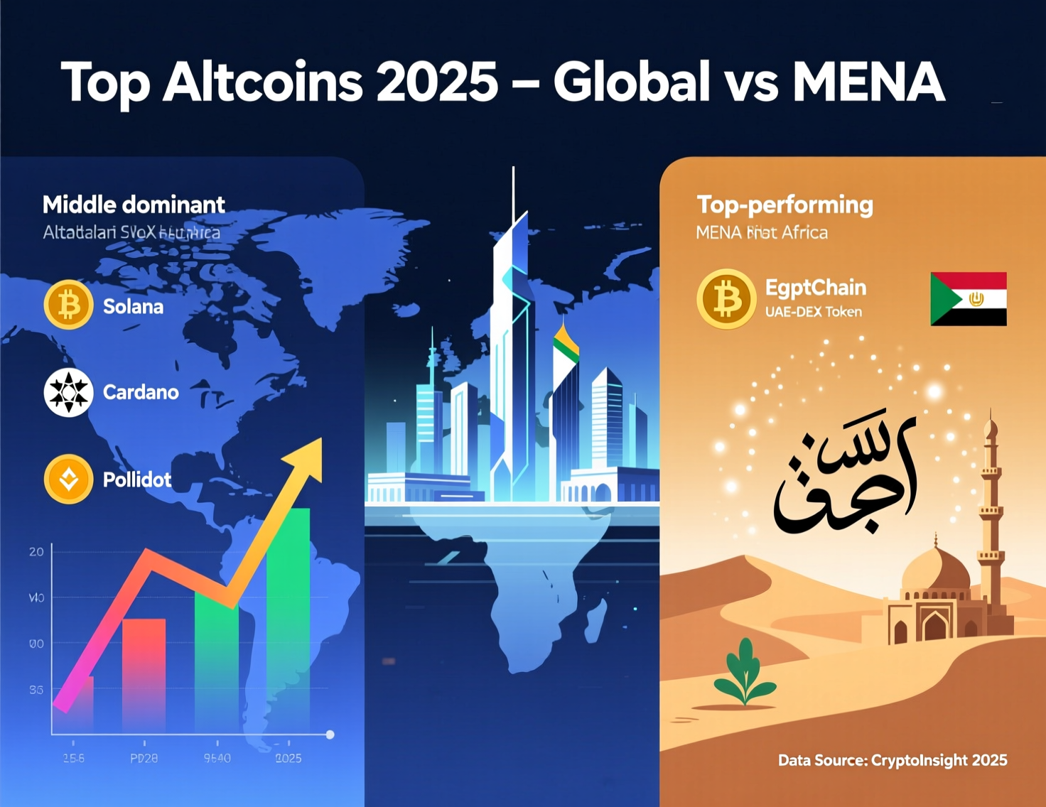Chart comparing top altcoins 2025 globally vs popular altcoins in the Arab world