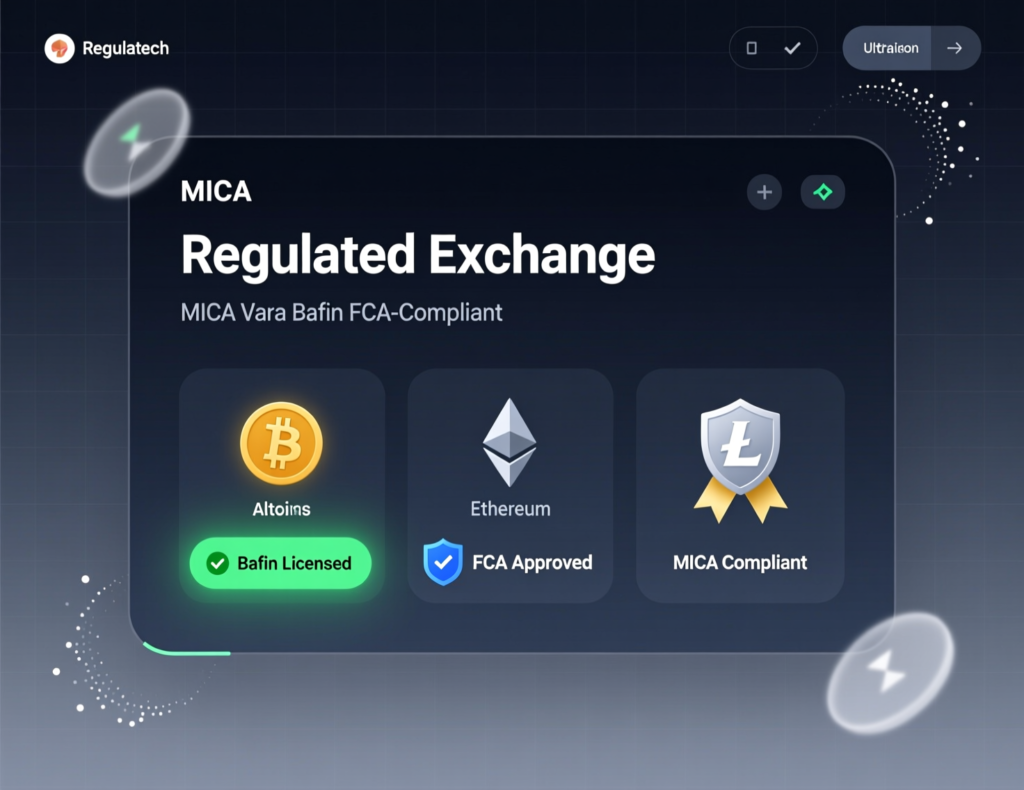 : Diagram of how regulated exchanges under MiCA, VARA, BaFin and FCA handle altcoin investing