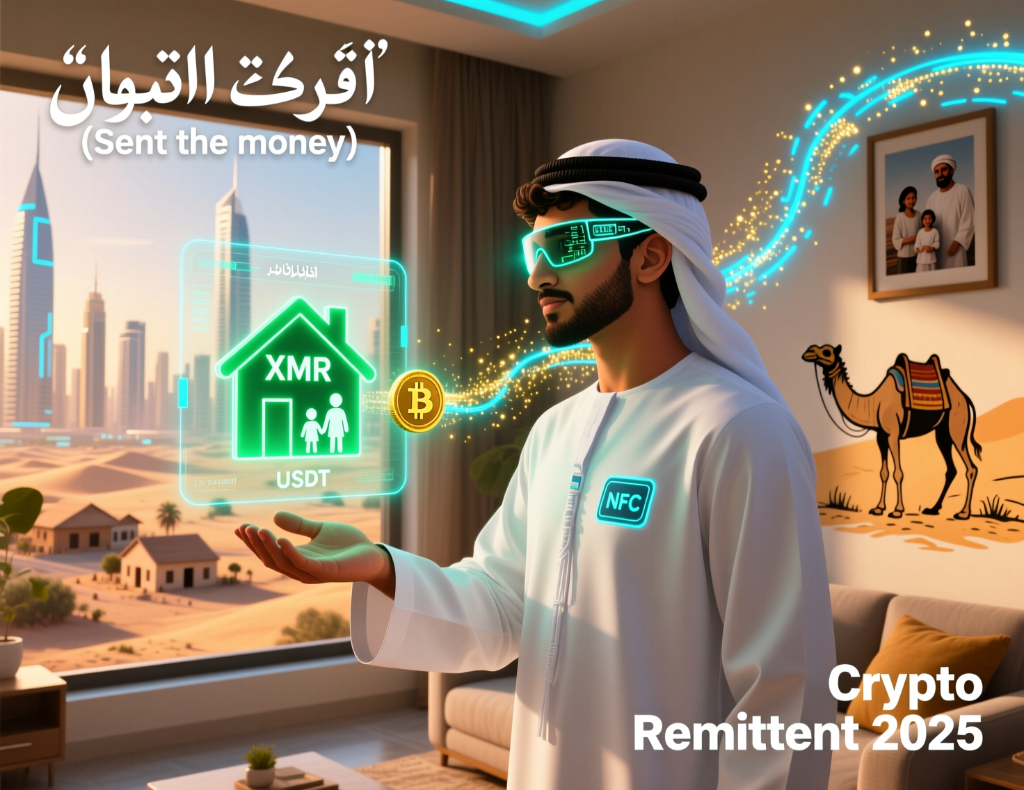 Gulf migrant worker using a phone for crypto remittances to family back home