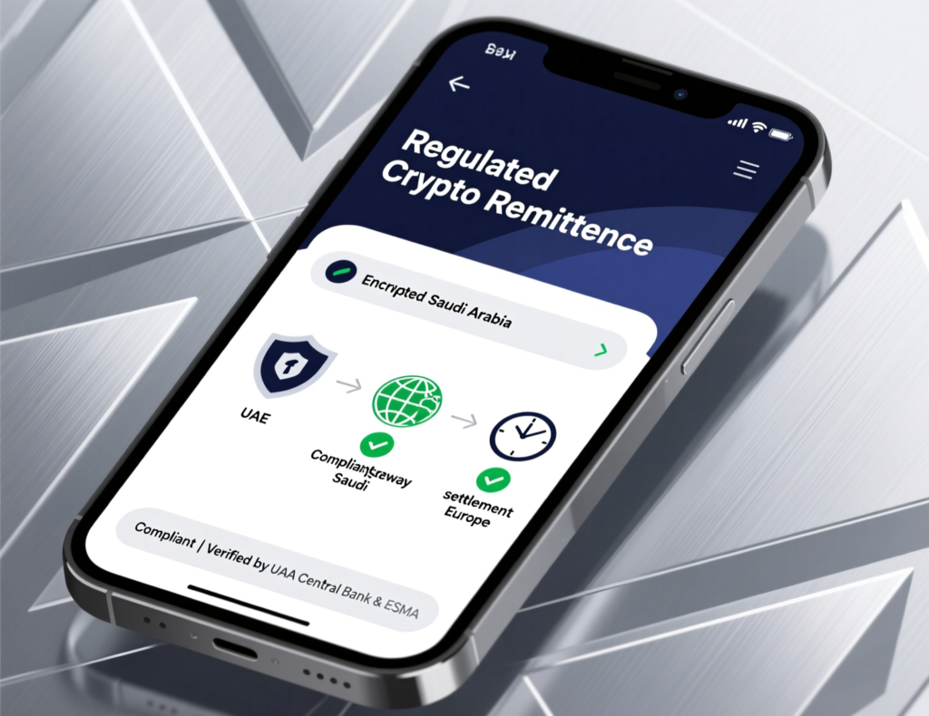 Regulated crypto remittance apps with VARA, FCA, BaFin and MiCA logos