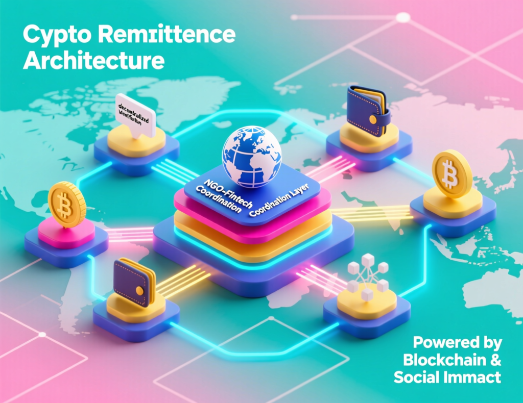 : Architecture diagram for NGOs and fintechs implementing crypto remittance solutions
