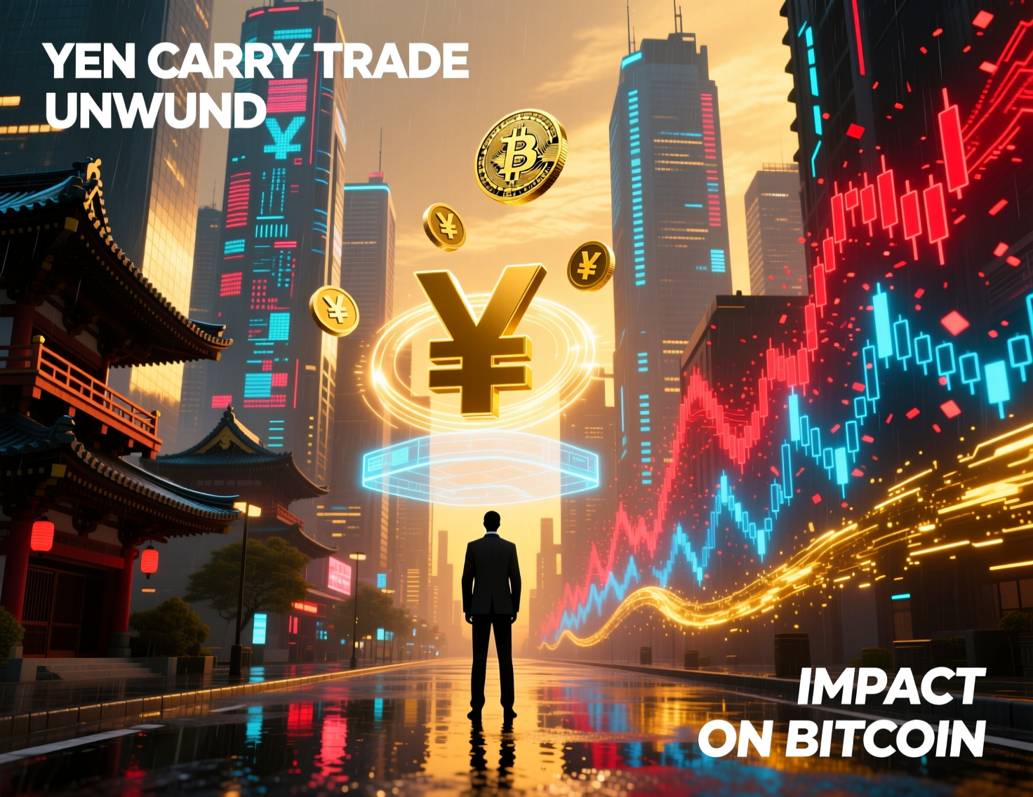 “Yen carry trade unwind impact on bitcoin” with Tokyo skyline at dusk