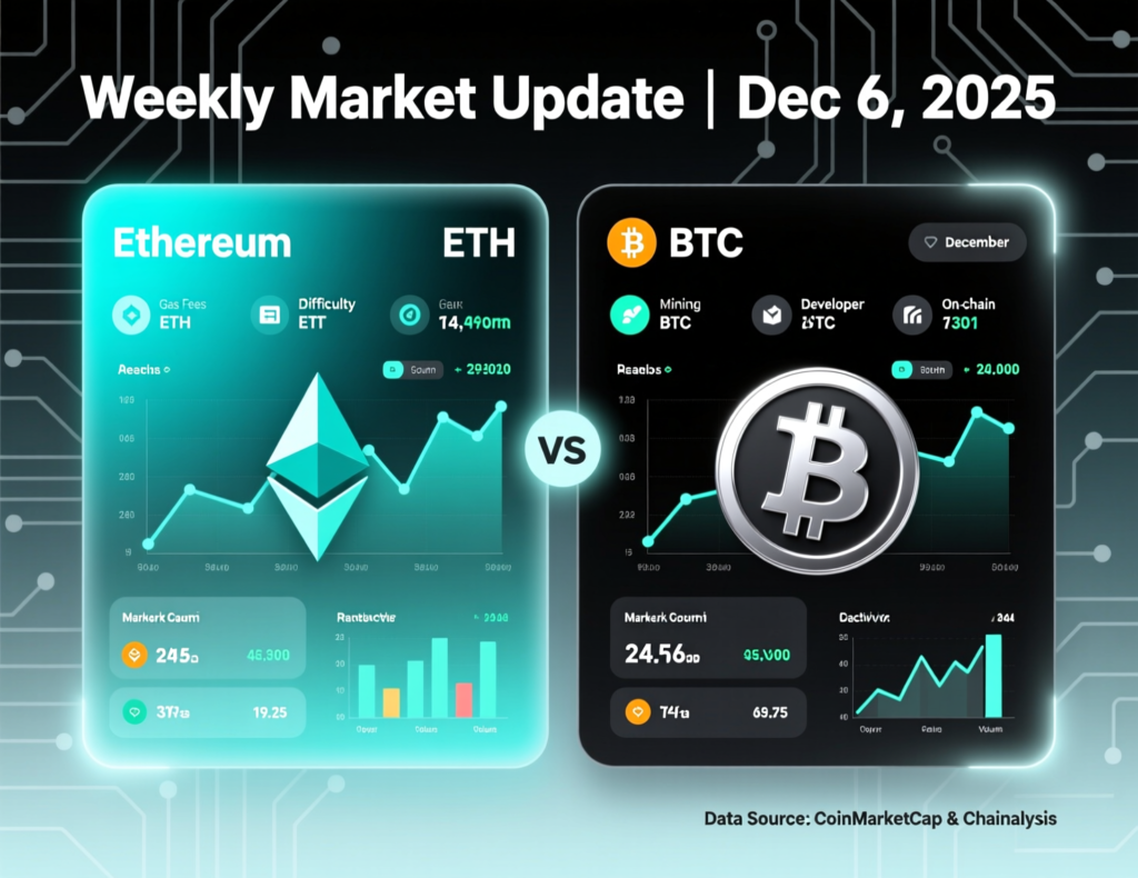 “Ethereum versus Bitcoin comparison graphic for weekly crypto market update December 2025”