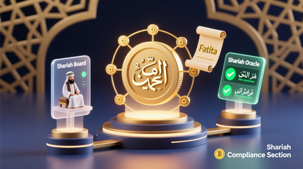 Shariah-compliant crypto architecture showing Islamic Coin Shariah Oracle