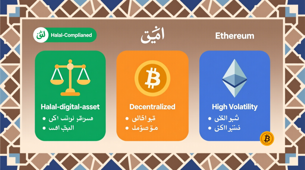 Comparison of Islamic Coin as a halal digital asset versus Bitcoin and Ethereum