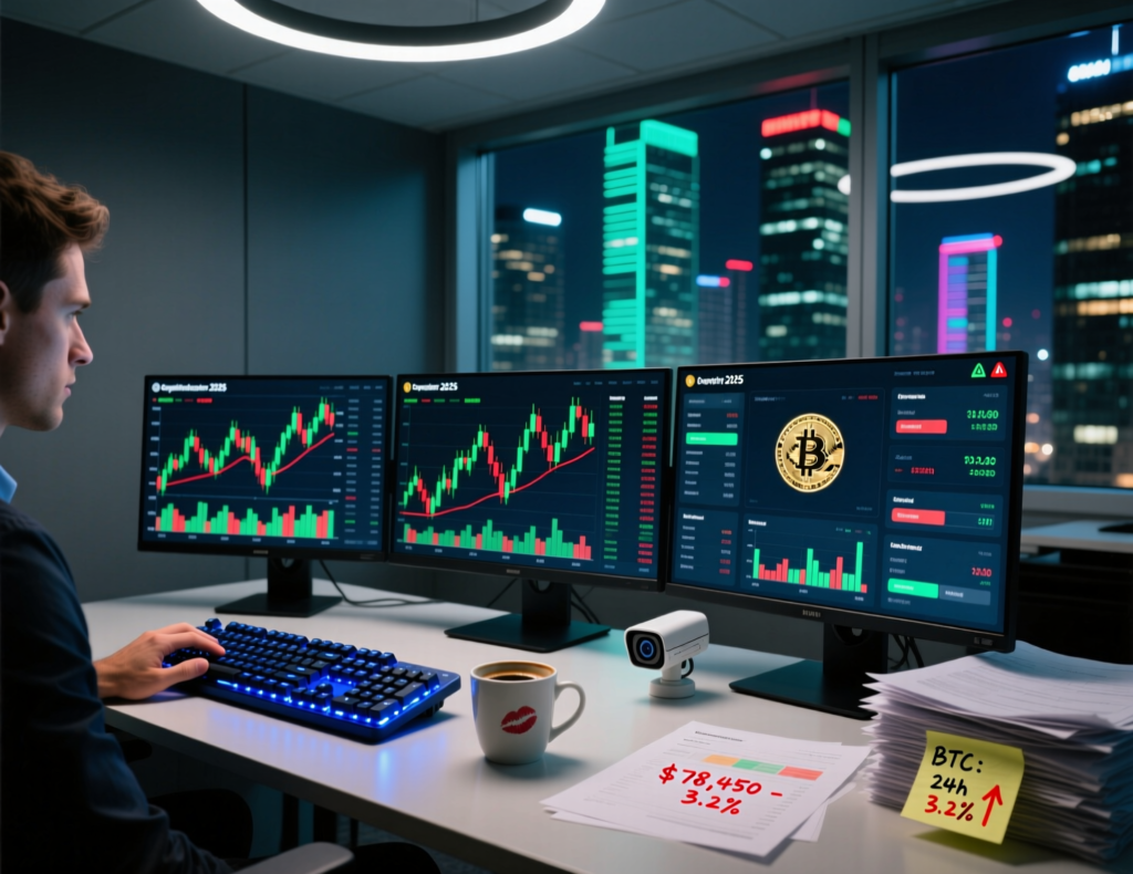 “Crypto trader desk displaying BTC price near $90,000 in December 2025”