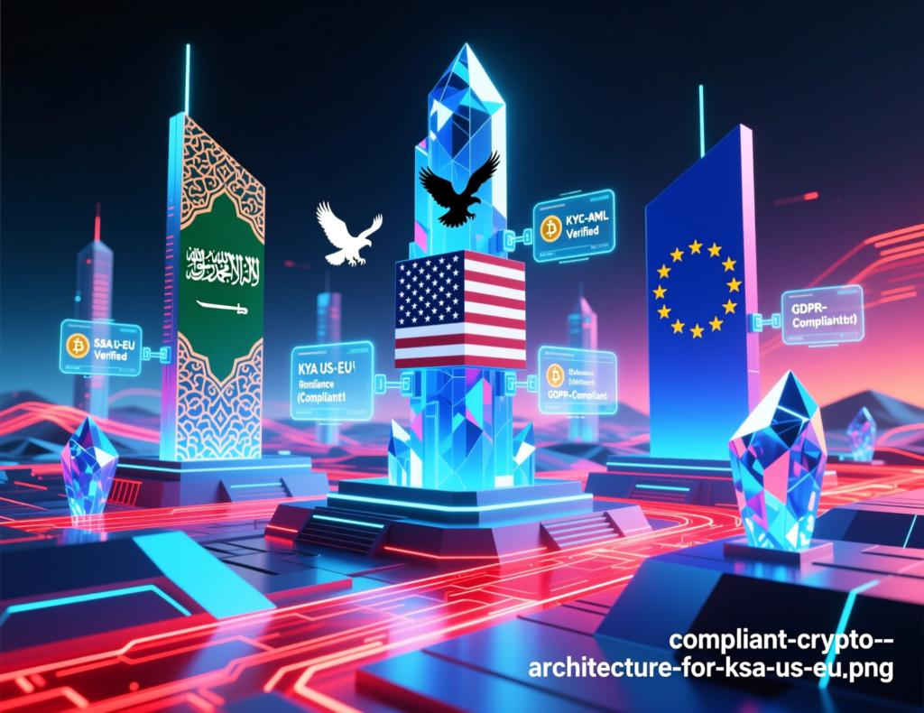 Cloud and backend architecture diagram for compliant KSA-facing crypto services for US and EU firms