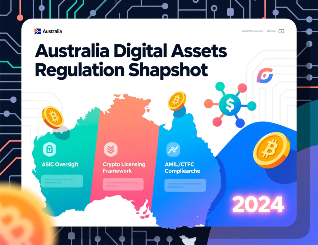 Australia eases rules for stablecoins and wrapped tokens under ASIC relief 2 “Australia map with icons for digital-asset regulation highlights”