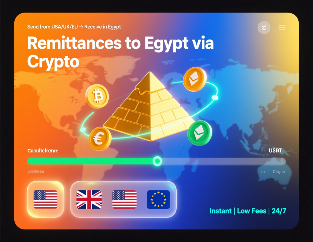Illustration of remittances to Egypt via crypto from USA, UK, Germany and EU