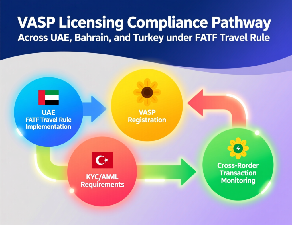 Diagram of VASP licensing and FATF Travel Rule flows in UAE, Bahrain and Turkey.