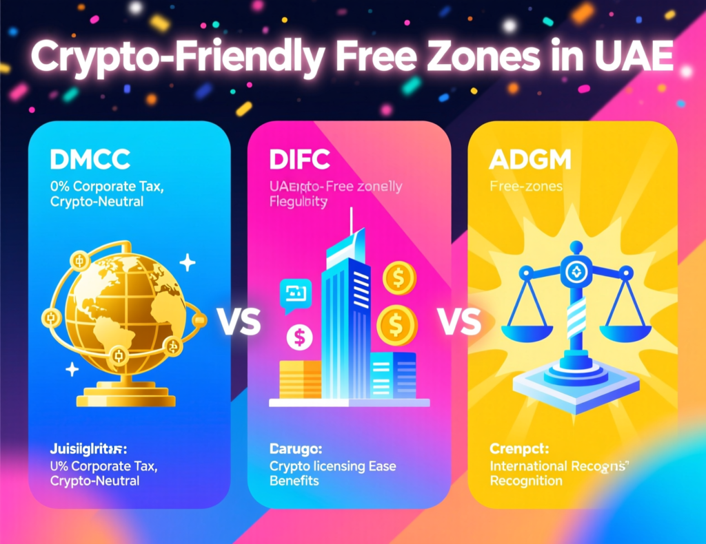 Comparative graphic of DMCC, DIFC and ADGM options for UAE crypto firms.