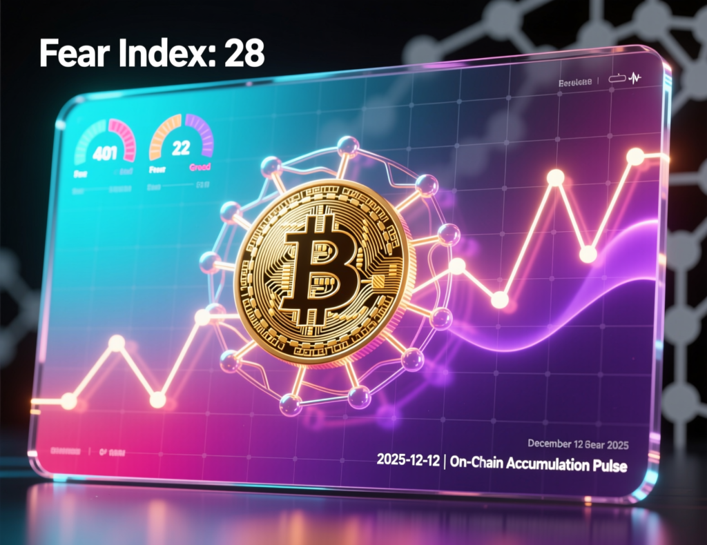 “Bitcoin weekly update visual showing on-chain accumulation and a fear and greed gauge in the fear zone”