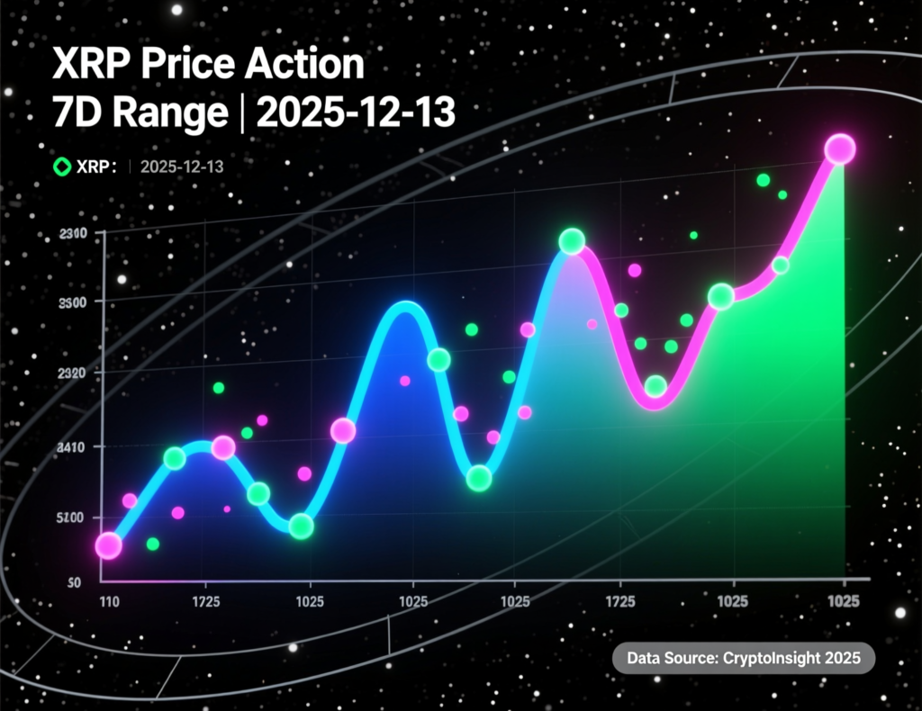 “XRP 7 day price action chart showing range between 1.99 and 2.17 dollars for weekly update”
