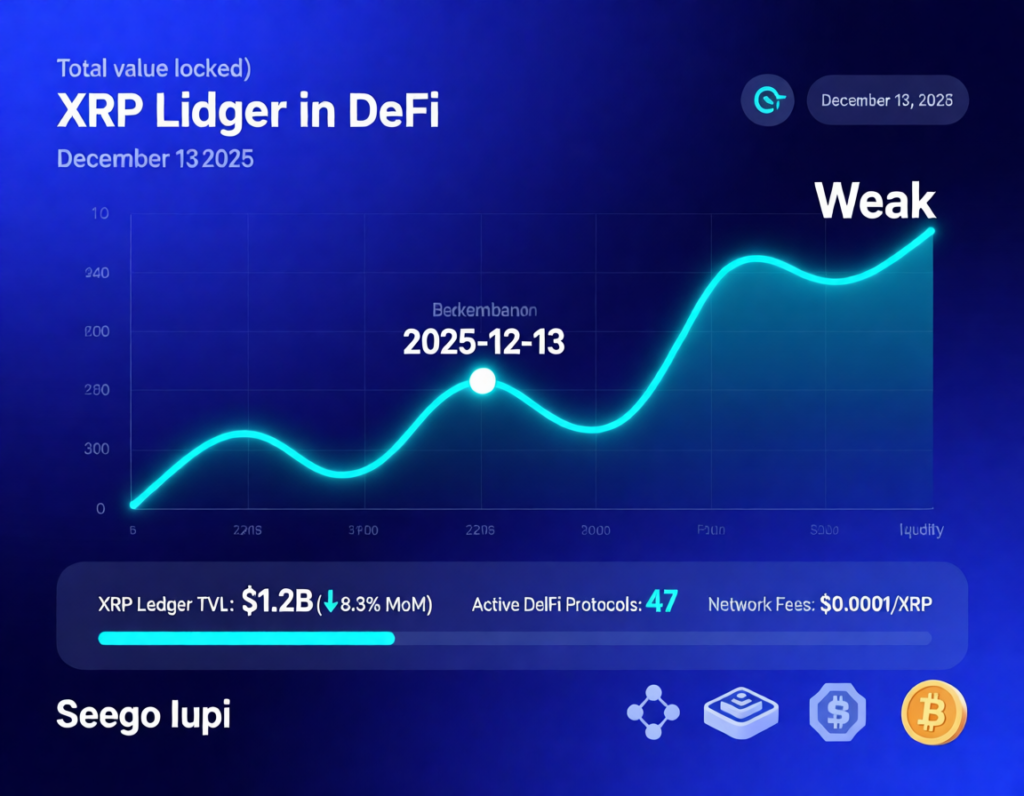“Stylized XRP Ledger DeFi ecosystem graphic illustrating relatively low total value locked in 2025”