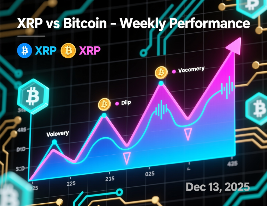 “Comparison illustration of XRP and Bitcoin coins with small performance bars showing XRP slightly lagging BTC this week”