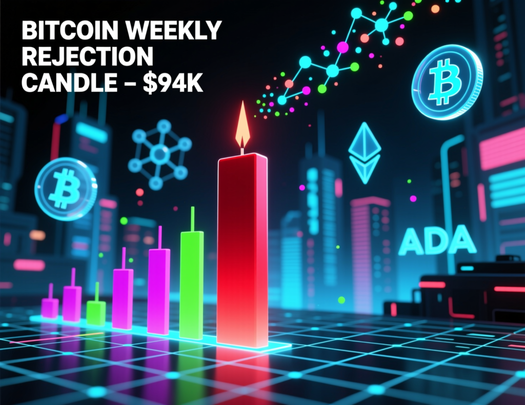 “Bitcoin weekly candle with long upper wick near $94K”