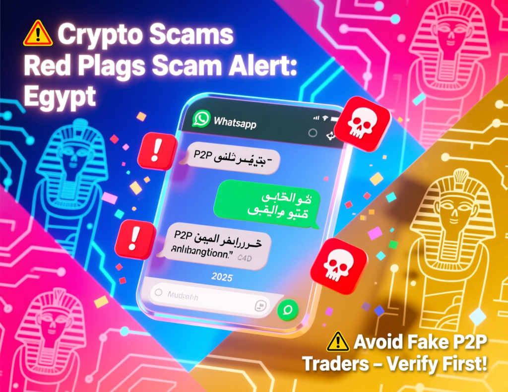 Visual list of common Bitcoin scam red flags in Egypt including P2P and WhatsApp groups