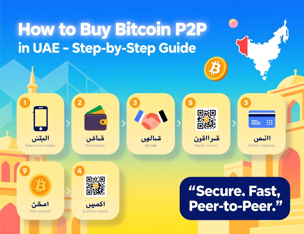 Step-by-step guide visual for how to buy bitcoin P2P in the UAE
