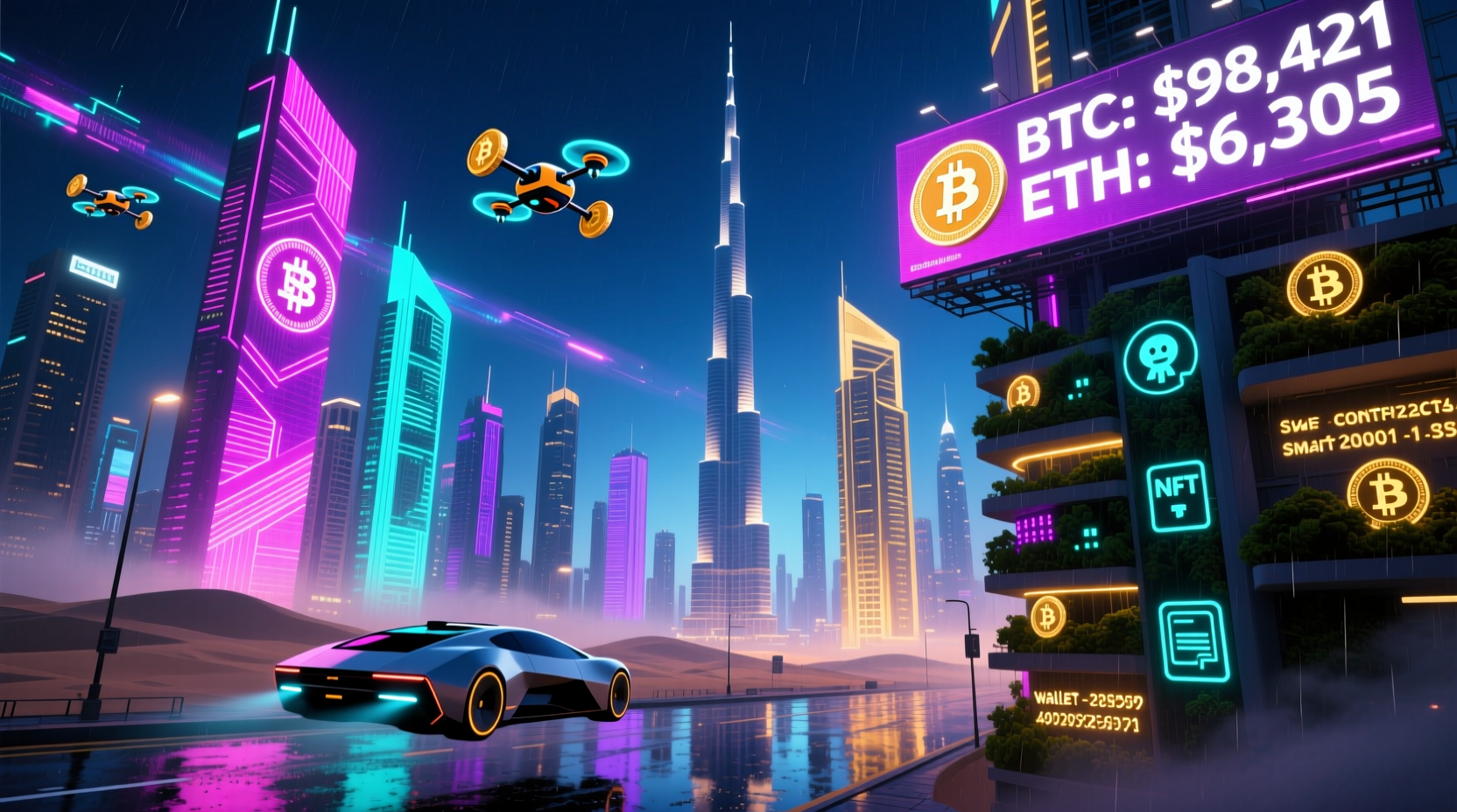 Dubai skyline with bitcoin symbol – how to cash out crypto in Dubai legally