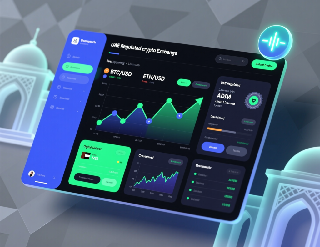 Regulated crypto exchange dashboard showing bitcoin to AED conversion in Dubai
