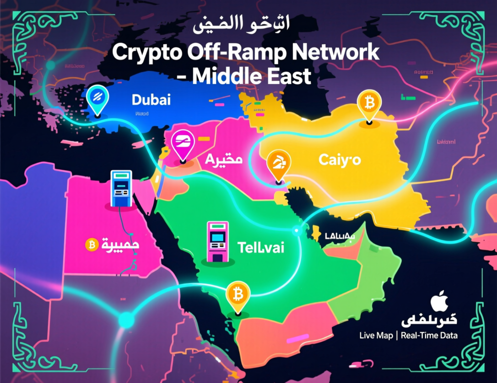 Map of Middle East showing Dubai, Riyadh, Doha and Bahrain crypto cash-out hubs