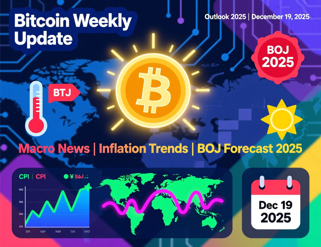 Bitcoin weekly update visual with global macro themes like inflation data and central bank decisions”