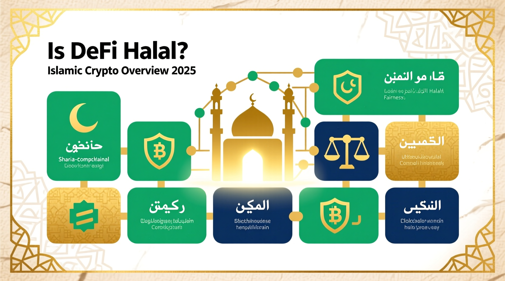 Diagram explaining whether DeFi is halal, showing riba, gharar and maysir filters for Islamic crypto in 2025.