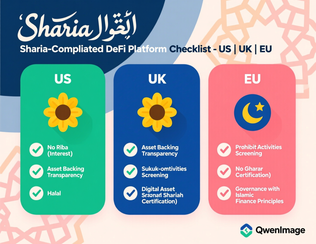 Checklist of Sharia-compliant DeFi platform criteria for Muslims in the US, UK and Europe.