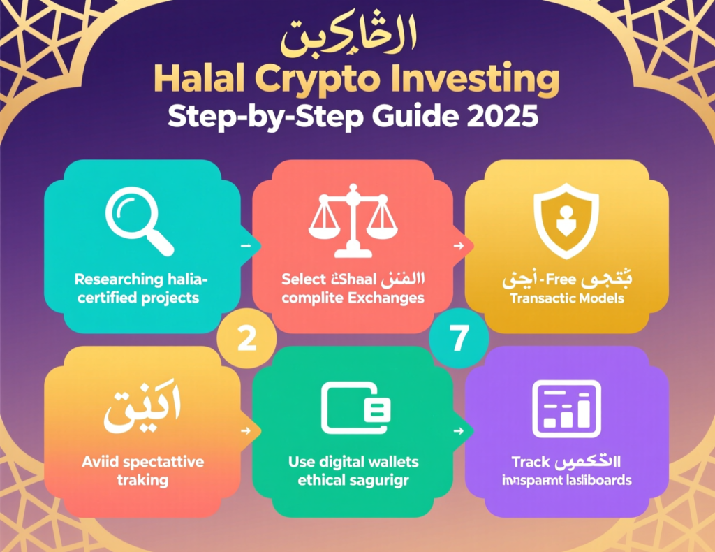 Step-by-step flowchart for halal crypto investing in 2025.