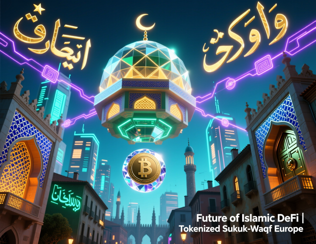 Concept art of future Islamic DeFi use-cases like tokenised sukuk and waqf in Europe. 