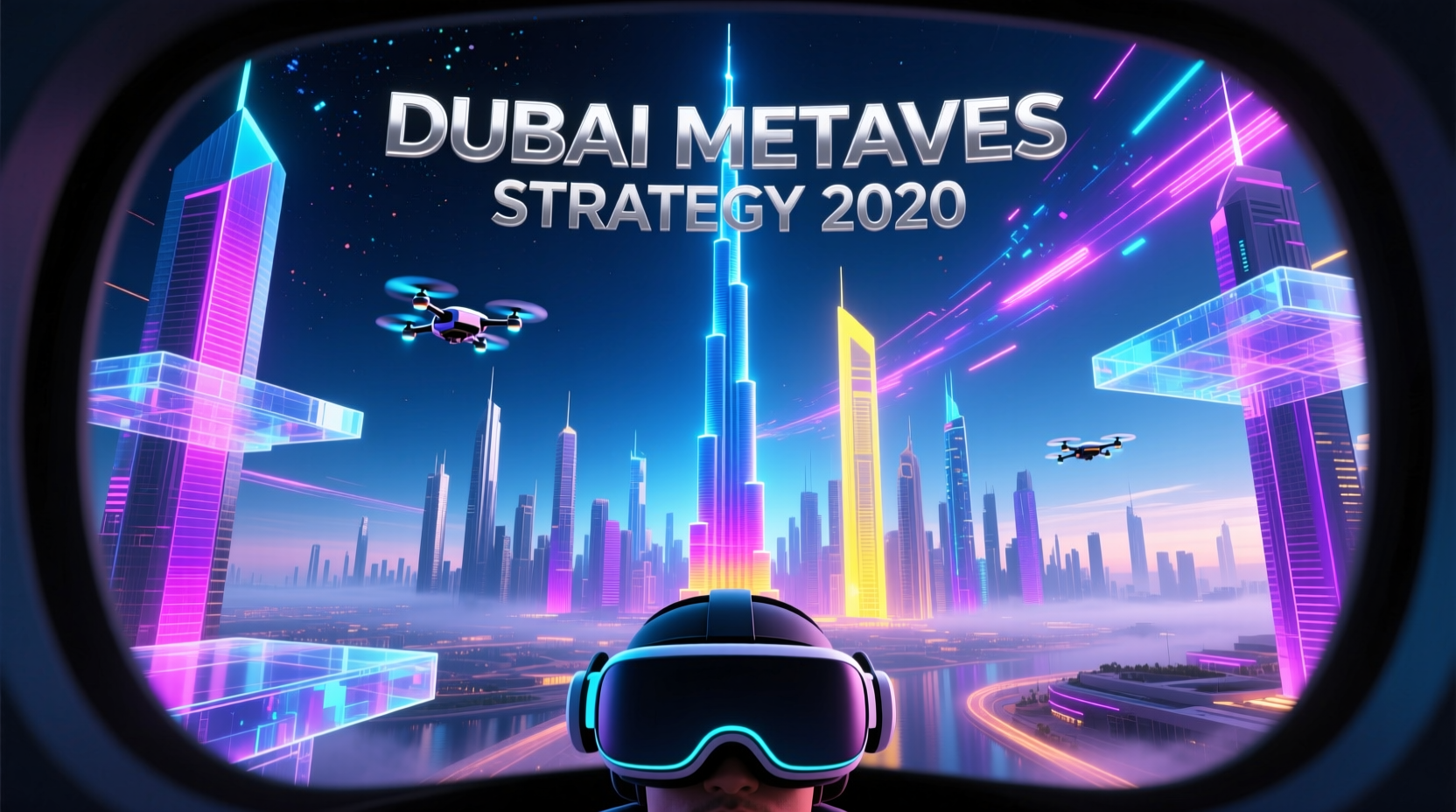 Dubai metaverse strategy 2030 with Dubai skyline and VR investor
