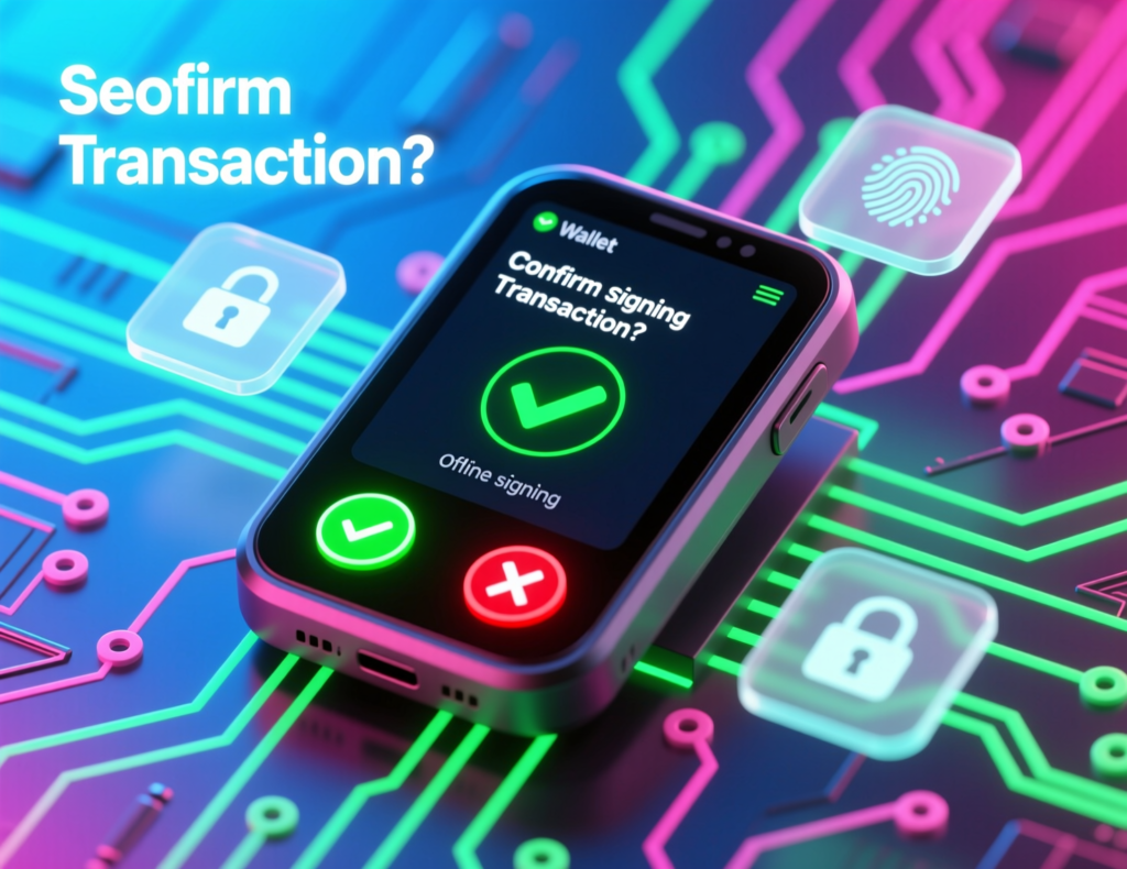 “Close-up of hardware wallet confirming on-device transaction details”