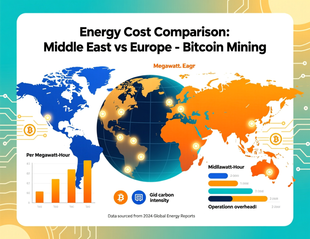 Energy cost comparison chart for solar-powered bitcoin mining in the Middle East versus US, UK and EU grids