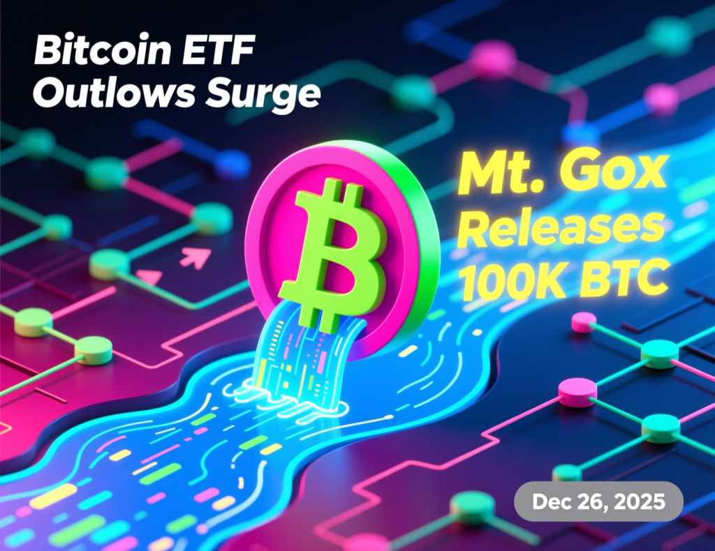 “Conceptual image of Bitcoin facing ETF outflows and Mt. Gox supply news in weekly market update”