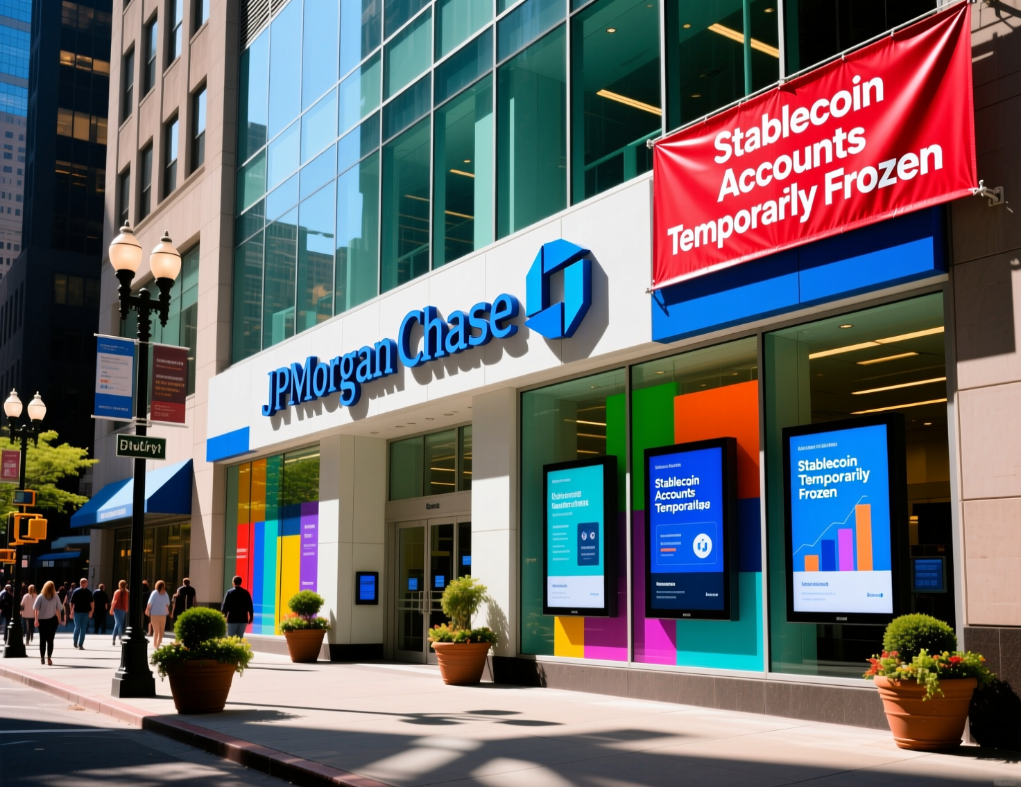 “JPMorgan freezes stablecoin accounts” headline on bank branch exterior