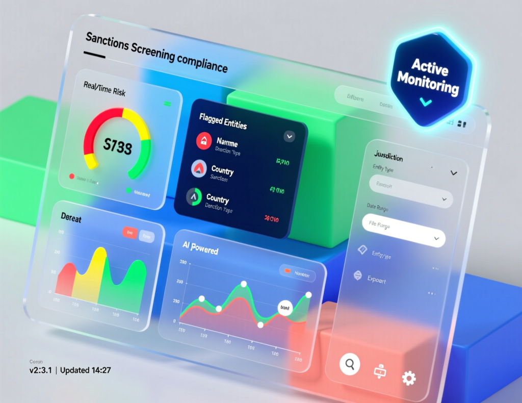 Sanctions and AML compliance screening dashboard view