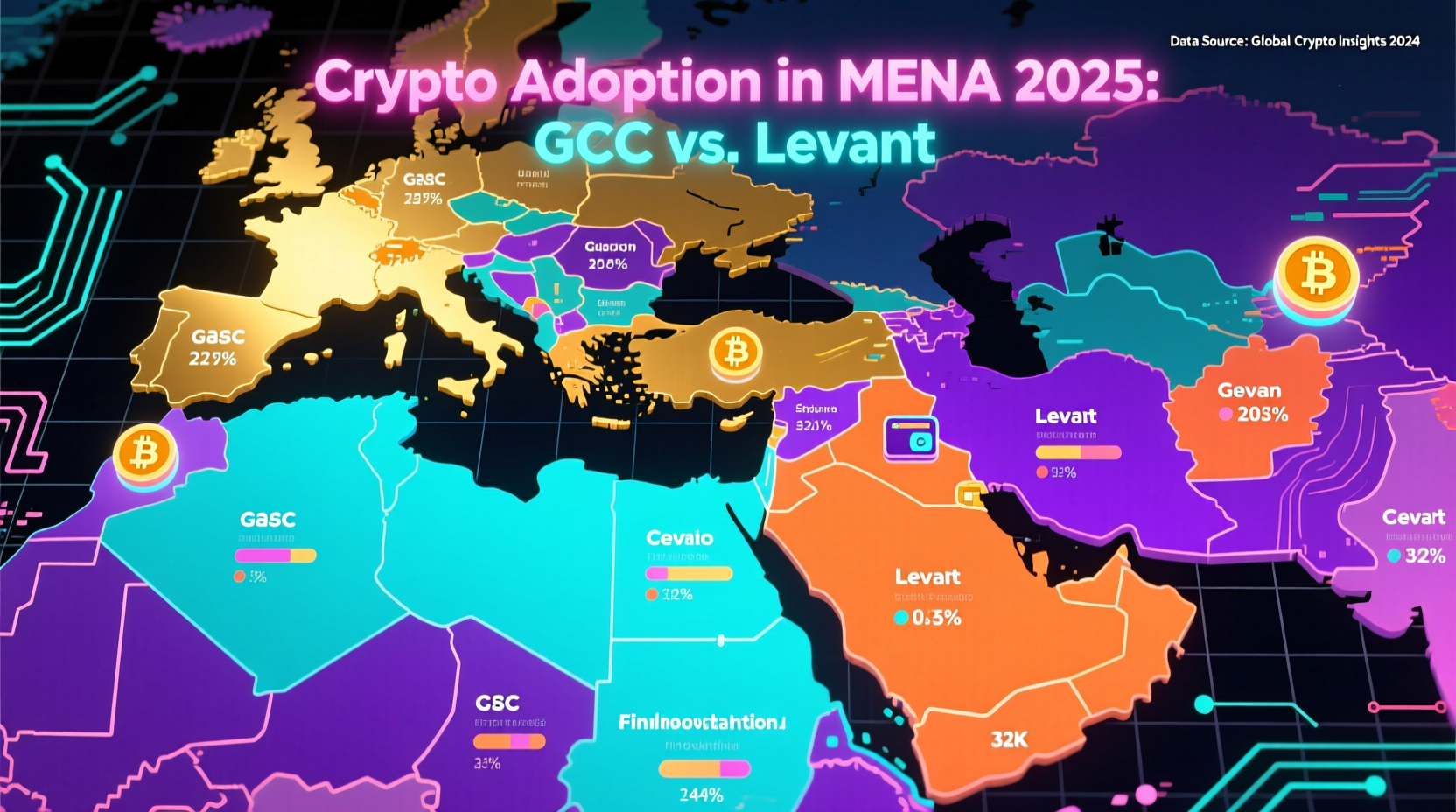Map showing Middle East crypto adoption split between GCC and Levant regions
