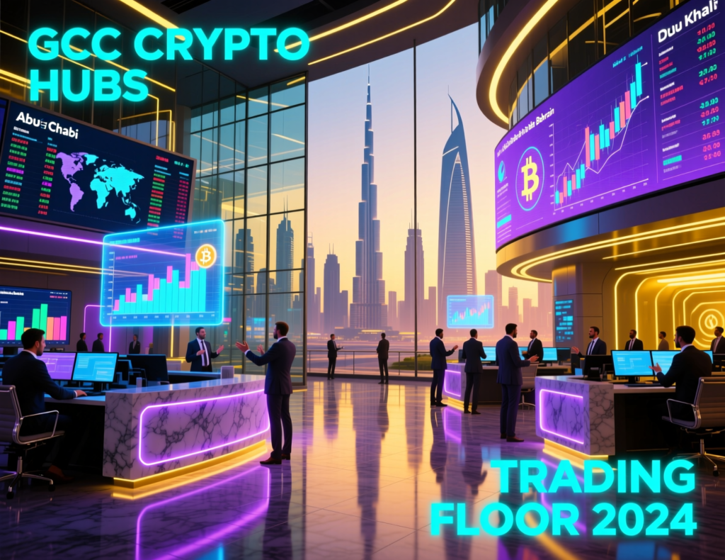 Illustration of GCC crypto hubs including Dubai, Abu Dhabi and Bahrain trading environments